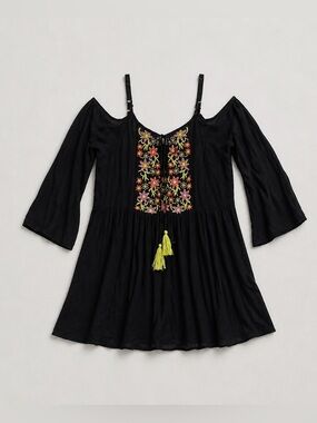 Exist Black Cold-Shoulder Dress with Multicolor Floral Embroidery
